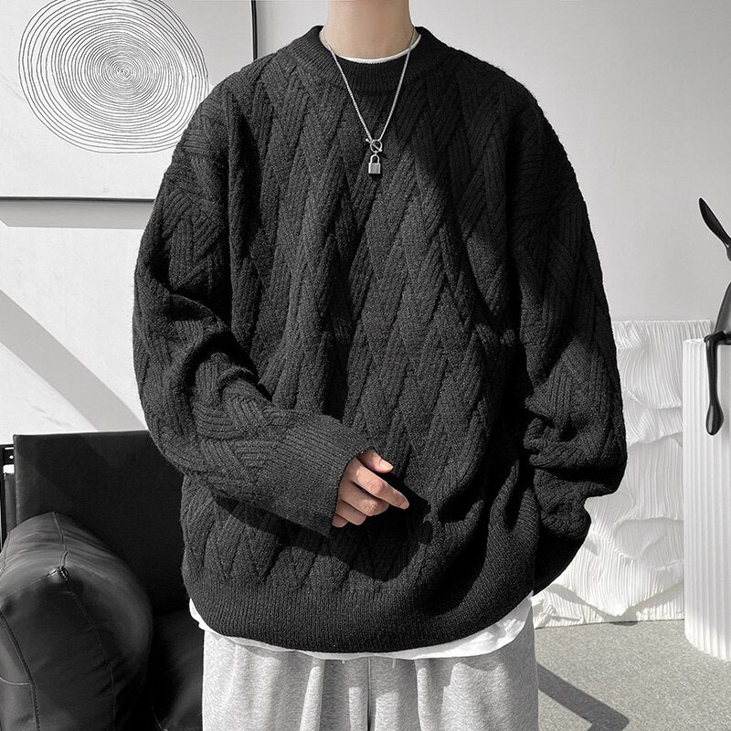 sanyamk Cable-knit Vintage Sweater Men Solid Color Loose Round Neck Male Pullovers Warm Fashion Unisex Casual Clothing