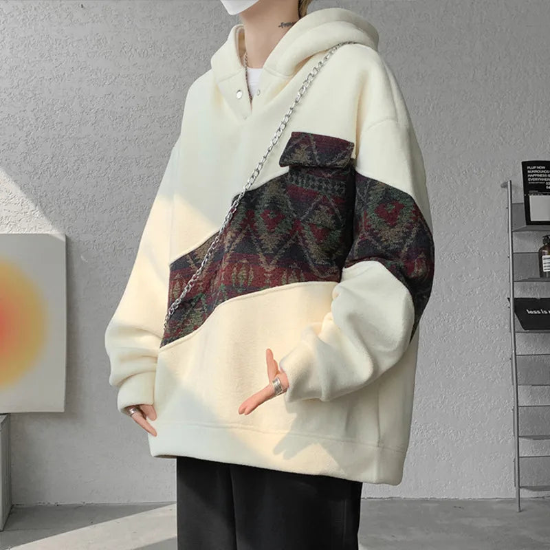 sanyamk - Korean Style Patchwork Men's Hoodie Contrast Color Pockets Casual Warm Male Fleece Sweatshirts 2024 Autumn Winter 9C8850