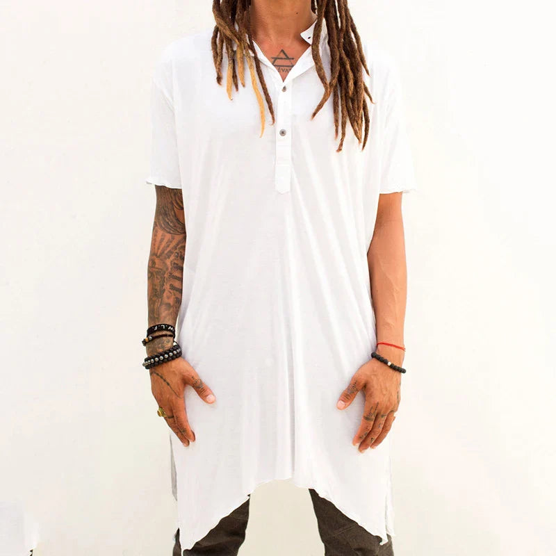 sanyamk - Vintage Irregular Ripped Design Mens Long T Shirt Summer Casual Button O Neck Short Sleeve Tops Streetwear Men Fashion T-shirts