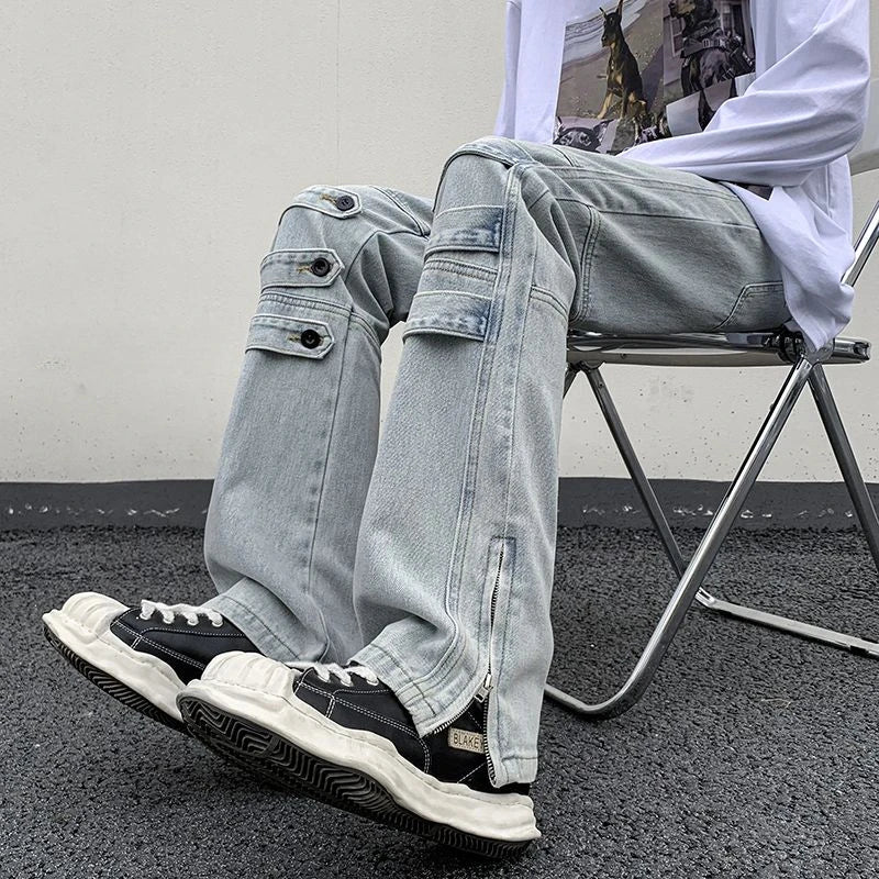 Bonsir American Style High Street Niche Style Zipper Jeans Men Trendy Brand Fried Street Loose Straight Tube Work Pants Design Sense