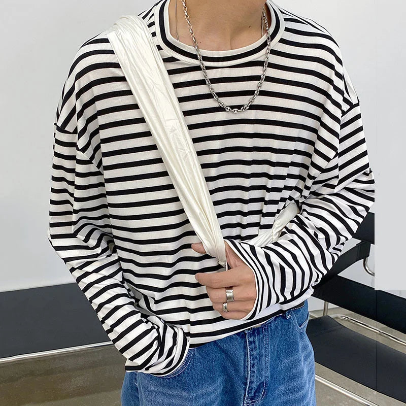 Bonsir - Crew Autumn Neck Stripe Long Sleeve Men's T-shirt New Loose Tide Bottomed Tops Couple Pullover Cloth Black White Y2252