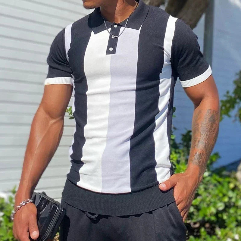 sanyamk - Streetwear Mens Casual Knit Polo 2024 Summer Leisure Short-sleeved Buttoned Lapel Polo Shirts Knitted Mens Striped Knitting Tops