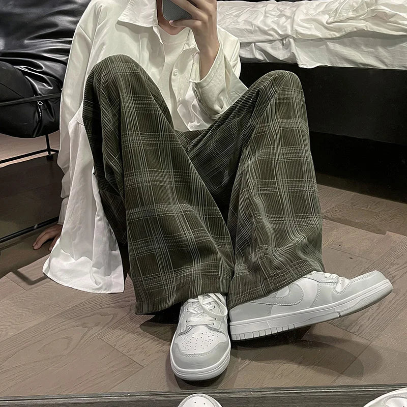 sanyamk - Men's Plaid Corduroy Pants Spring Male Straight All-match Pants Unisex Casual Sweatpants Streetwear Oversize Sport Trousers Wide