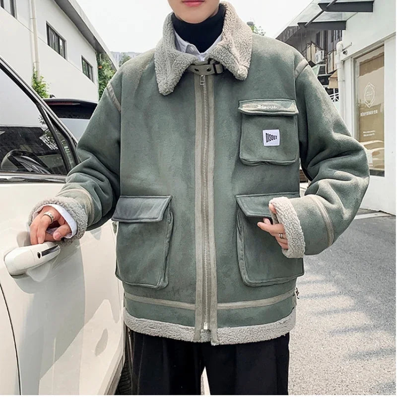sanyamk Winter Leather and Fur Integrated Cotton Clothes Men Jackets Warm Coat Autumn Streetwear Harajuku New Korean Unisex Top Coat