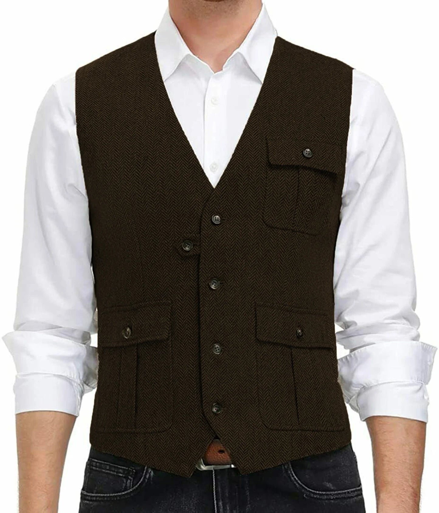sanyamk Light Blue New Men Vest Wool Tweed Casual Waistcoat Formal Business Vest For Wedding Groomsmen Party Banquet Suit
