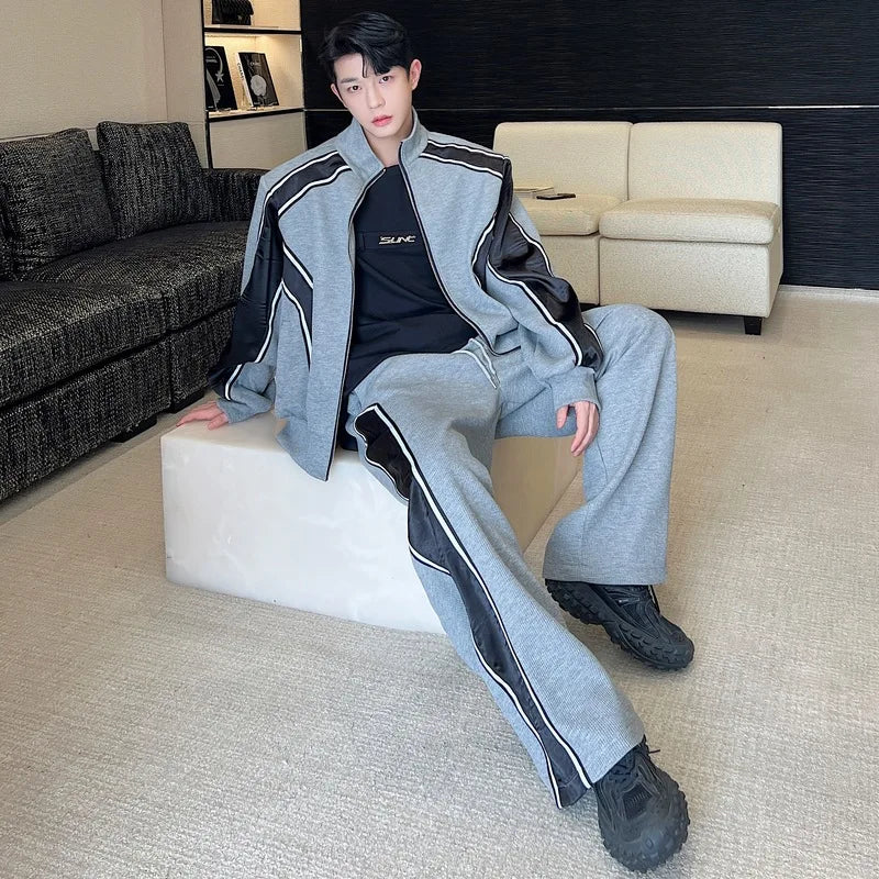 sanyamk Color Contrast Design Sweatshirt Men's Casual Splicing Korean Straight Pants Two-piece Sets Street High Fashion