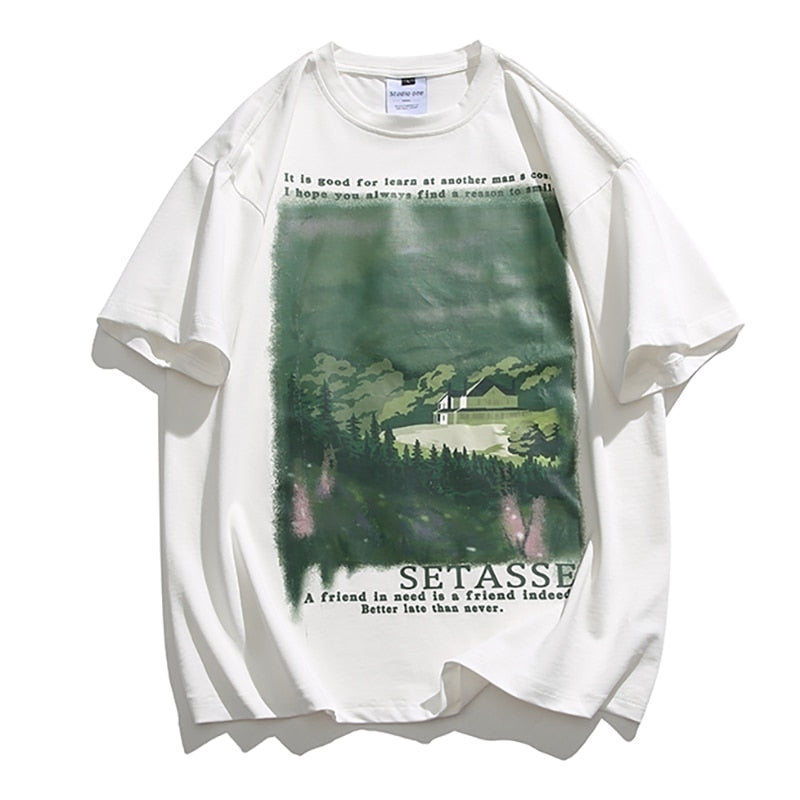 Bonsir Summer Vintage Cotton T-Shirt Men Printed Pattern Baggy Tees Fashion Korean Streetwear Short Sleeve Tops Clothing Male Plus Size