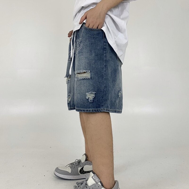 Bonsir Men's Denim Shorts Letter Embroidery Ripped Hole Short Jeans Women Wide Leg Shorts Hip Hop Drawstring Vintage Denim Pants Summer