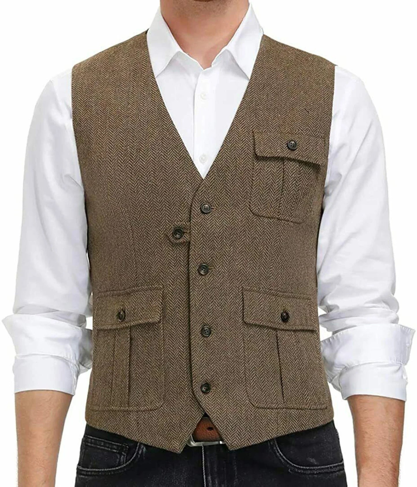 sanyamk Light Blue New Men Vest Wool Tweed Casual Waistcoat Formal Business Vest For Wedding Groomsmen Party Banquet Suit