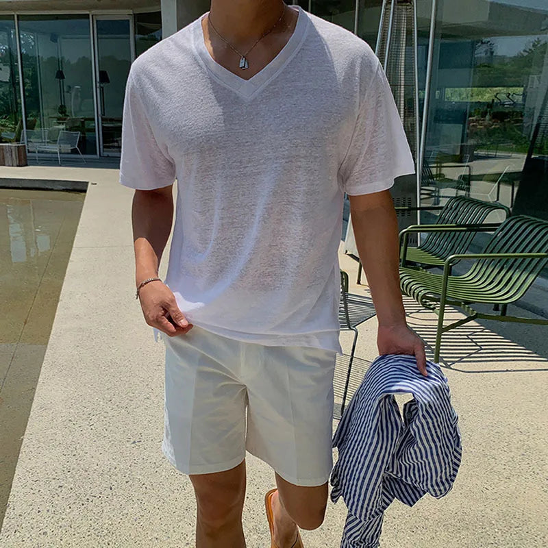 sanyamk - Daily Casual Simple Solid Color Mens White T Shirt Summer Fashion V Neck Short Sleeve T-shirts Men Stylish Slim Fit Pullover Tee
