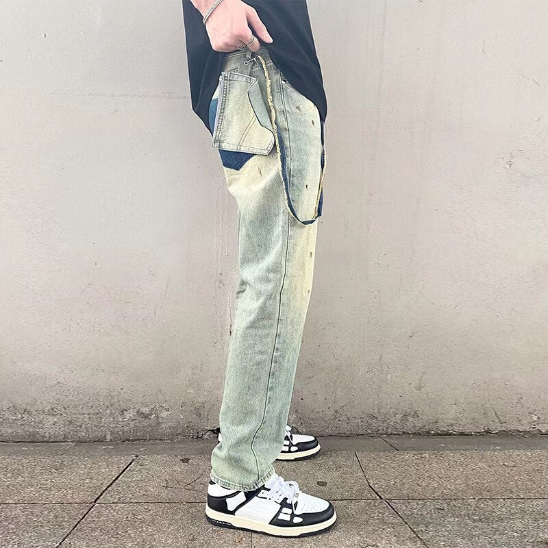 sanyamk High Street Hand Painted Distressed Washed Design Patchowrk Mens Jeans Pants Stragiht Streetwear Ripped Casual Denim Trousers