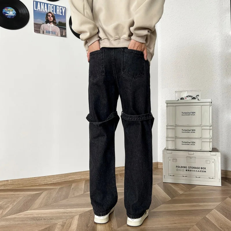 sanyamk American High Street Jeans for Men, Washed Straight-leg Trousers with Straps, Casual, Comfortable and Versatile Long Trousers