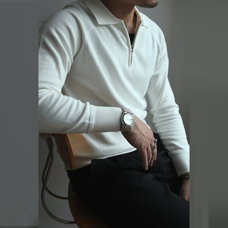 sanyamk 2YK Vintage Solid Zip Sweaters Autumn Streetwear New Long Sleeve Business Polos Solid Jumper Men Knit Pullover Clothing