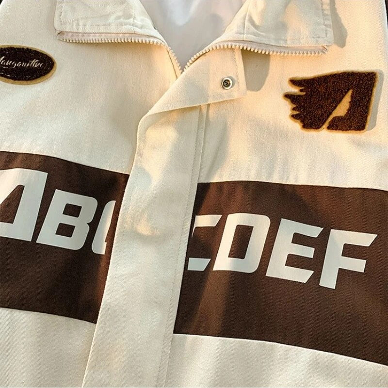 Bonsir American Vintage Racing Jacket Men Cycling Lapel Jacket Women BF Letter Varsity Coat Oversize High Street Vibe Baseball Uniform