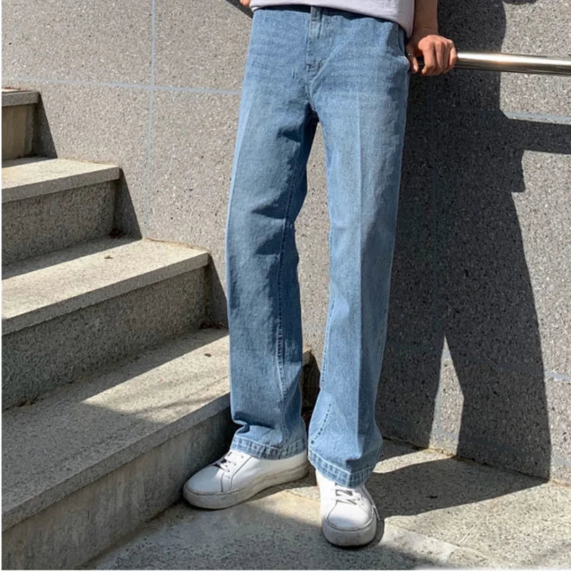 Bonsir - Jeans Men's Loose Straight Autumn New Wide Leg Trousers Korean Fashion Streetwear Black Blue Distressed Casual Baggy Pants