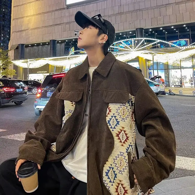sanyamk Patchwork Jackets Men Trendy Popular Daily Spring Autumn Spliced Geometric Pattern Folk-style Handsome Teenagers Outerwear Chic