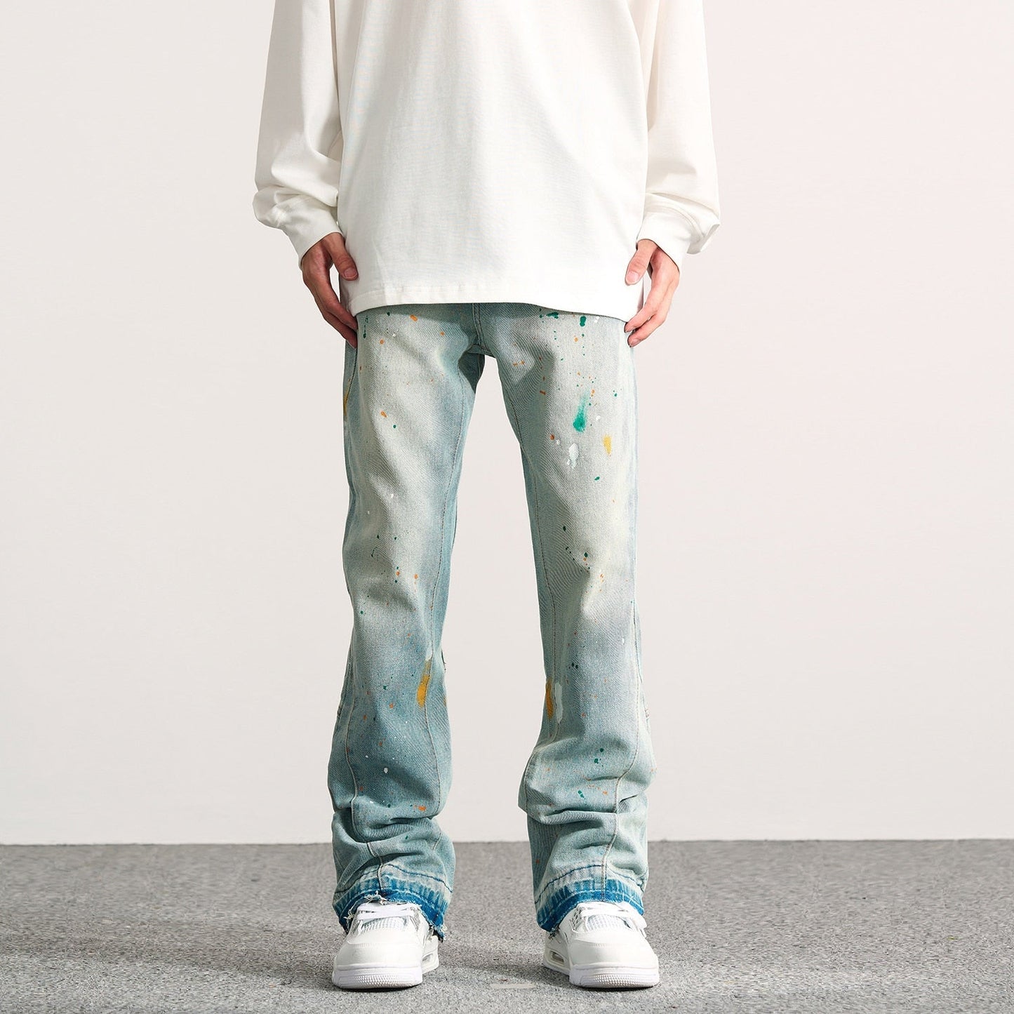sanyamk High Street Wide Jeans Graffiti Micro Horn Jeans Vintage Hip Hop Denim Flared Pants Men Fashion Speckle Ink Wide Leg Washed Jean