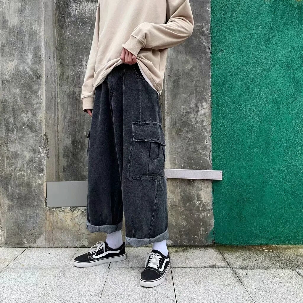 Bonsir Baggy Jeans Trousers Male Denim Pants Black Wide Leg Pants Men's Jeans Oversize Cargo Korean Streetwear Hip Hop Harajuku