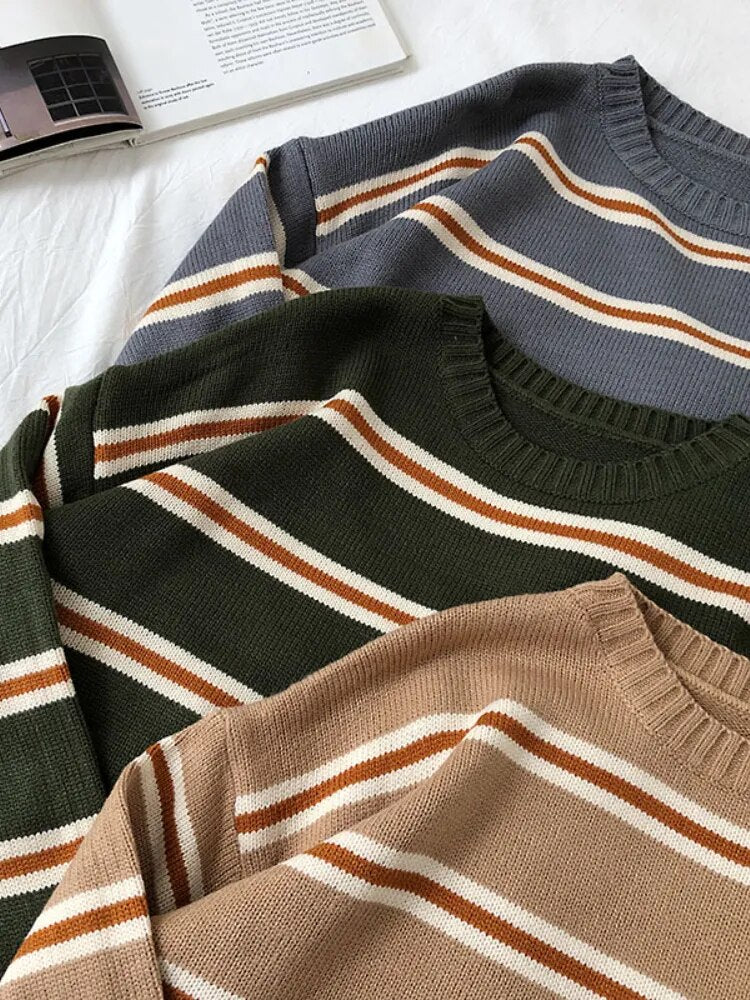 Bonsir Vintage Stripe Sweaters Women Loose Oversize Korean Style Pullover Top Autumn Winter Long Sleeve Knitted Sweater Femme