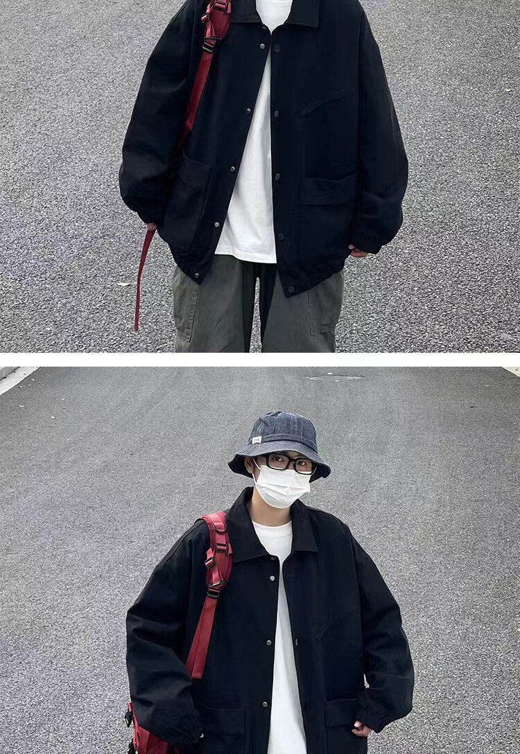 sanyamk Men's Japanese Vintage Lapel Collar Cargo Jackets Work Clothes Harajuku Loose Casual Coats Solid Color Outerwear M-2XL