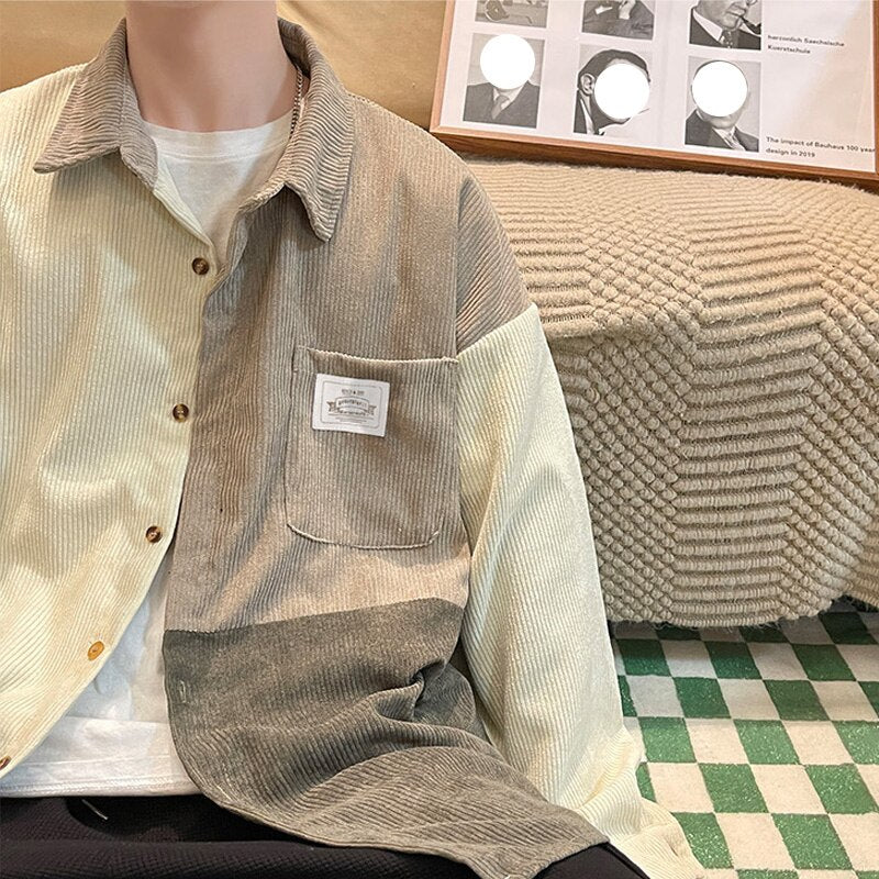 sanyamk Corduroy Shirt Men Vintage Splicing Top Oversized Long Sleeves Blouse Trend Fashion Streetwear Spring Autumn Y2K Male Clothes
