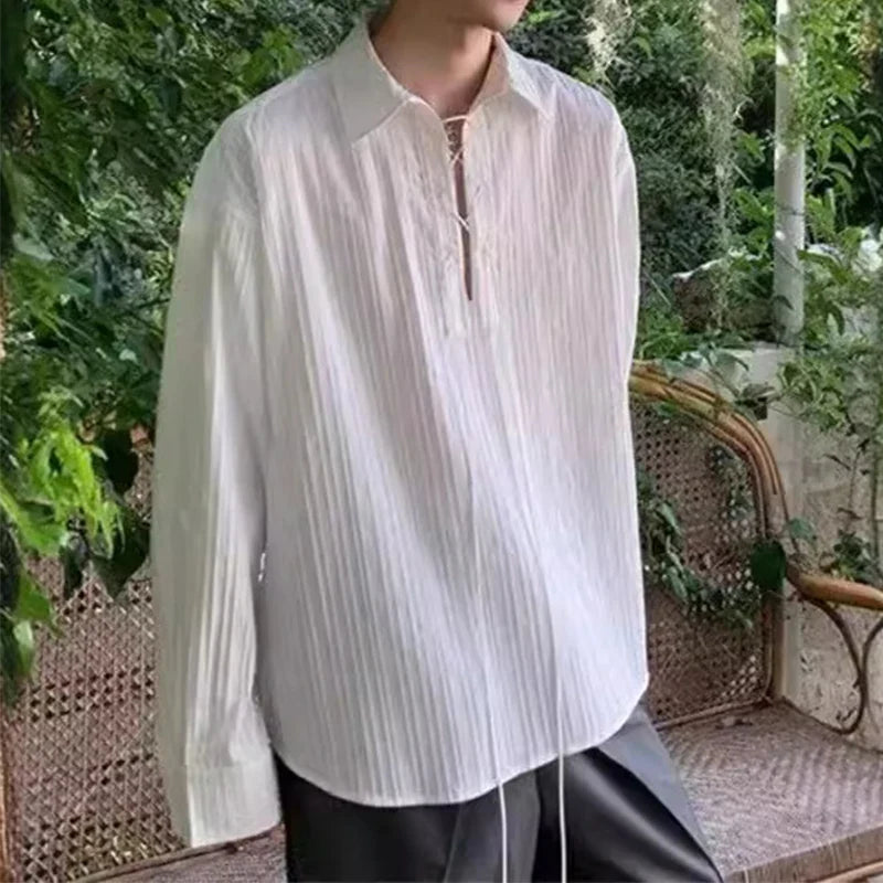 Bonsir Streetwear Mens V Neck Shirt Tops Spring Long-sleeve Drawstring Lace-up Lapel Shirts Men Vintage Pleated Solid Color Fresh Tops