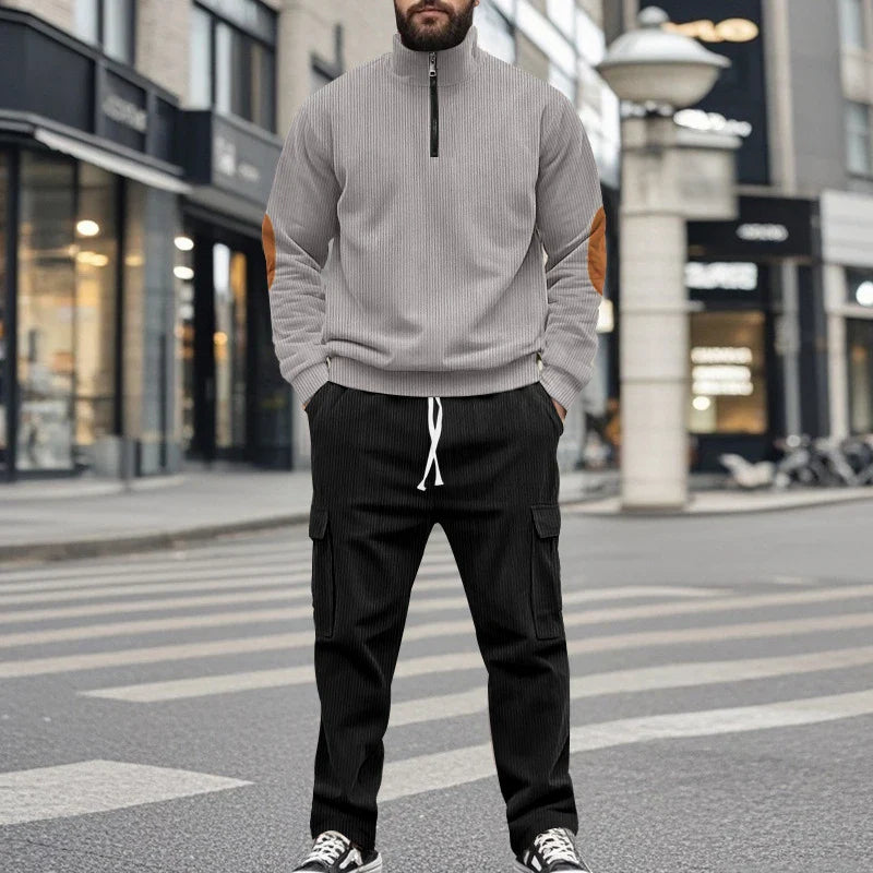 sanyamk - Vintage Patchwork Corduroy Outfits Mens Long Sleeve Stand Collar Sweatshirts And Pants Two Piece Sets Men Clothing Casual Suits