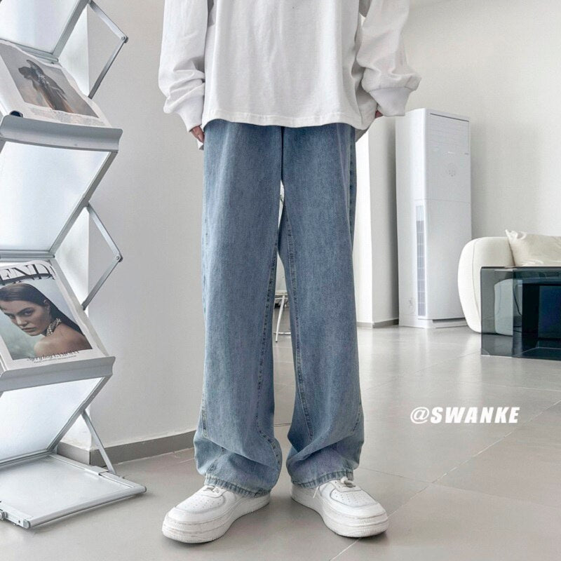 sanyamk Spring Summer New Casual Jeans Men Fashion Straight Loose Jean Pants Neutral Streetwear Solid All-match Wide-leg Trousers