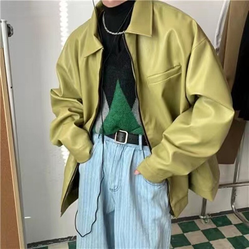 sanyamk Men's Fashion Trend Vintage Green Color Baseball PU Leather Jacket Loose Retro Coats High-quality Casual Outerwear M-2XL