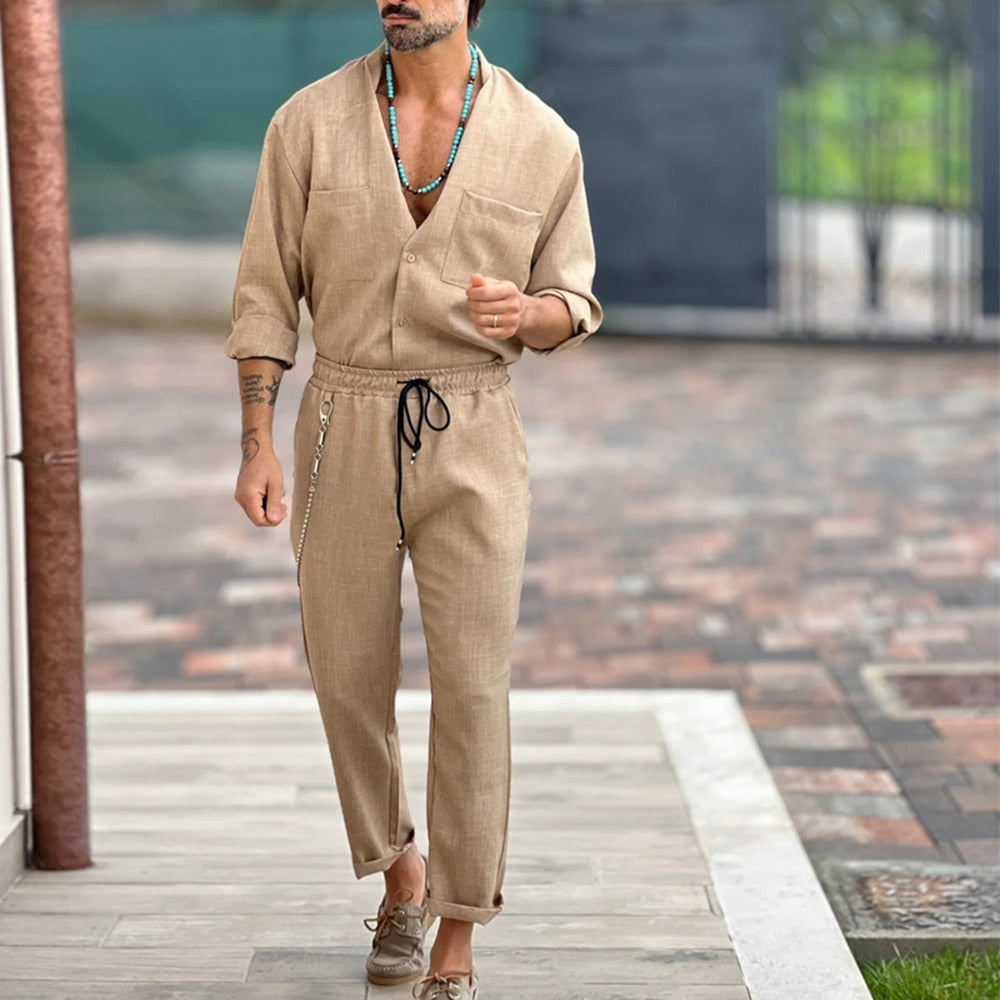 sanyamk Casual Cotton and Linen Suit Men's Casual Summer Vacation Solid Color Short-sleeved Shirt Straight Trousers Two-piece Set