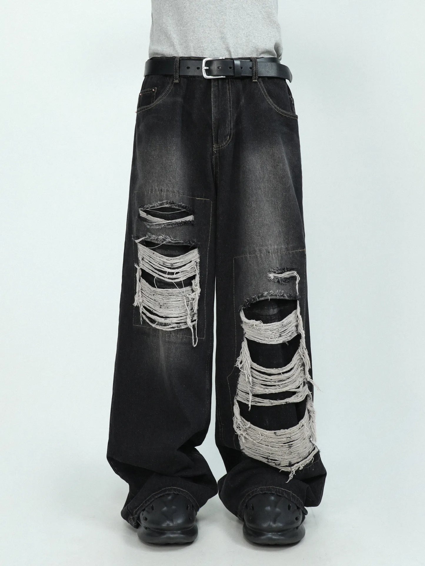 sanyamk American High end Perforated Denim Pants for Men's Design Sense Small and Loose Wide Leg Straight Leg Pants hiphop