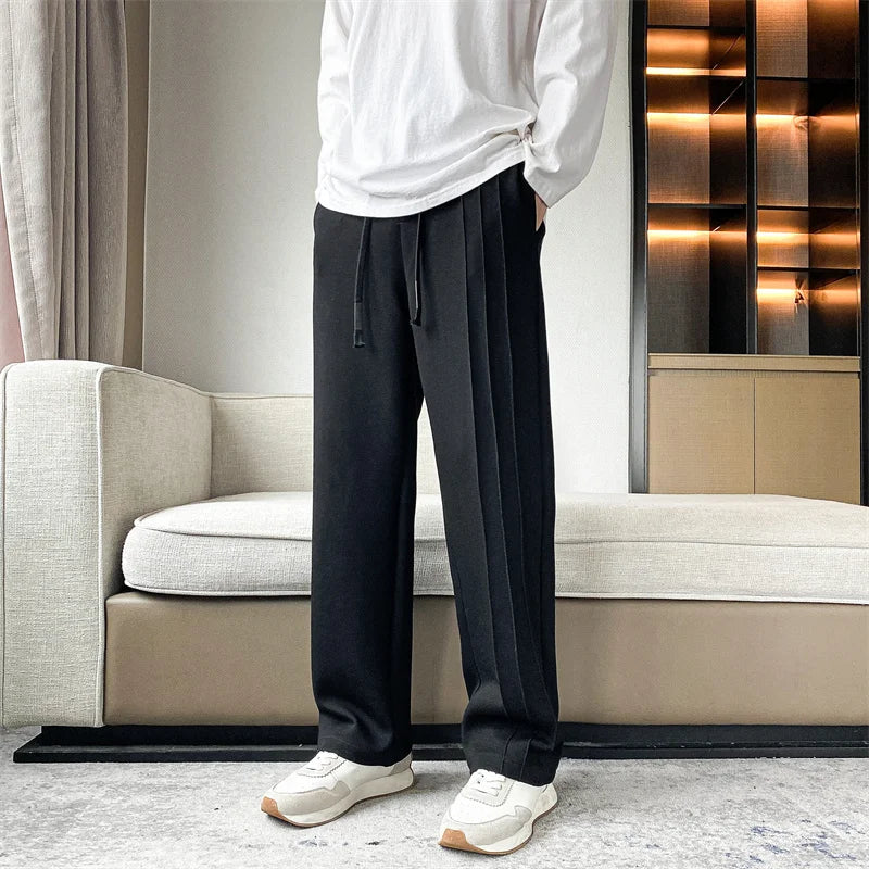 BONSIR - Mens Casual Long Straight Pants Solid Wide Leg Stretch Waist Sweatpants Side Stitching Waterfall Trousers Male Black White