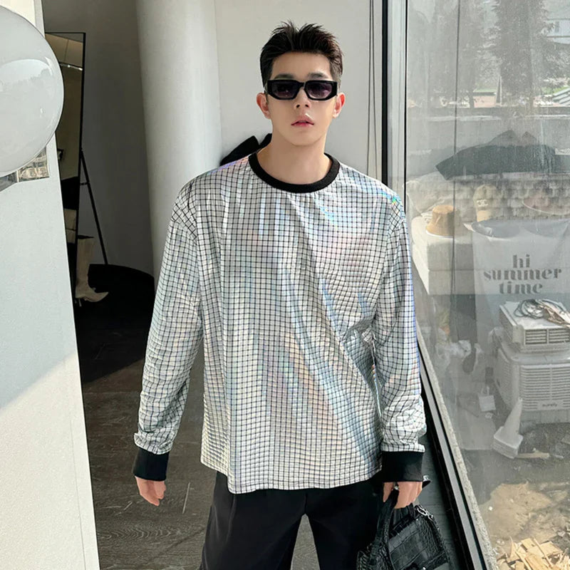 sanyamk - Korean Men's Round Collar T-shirt Fashion Bright Face Design Plaid Trend Long Sleeve T-shirts Pullover Top Trend 9C5122