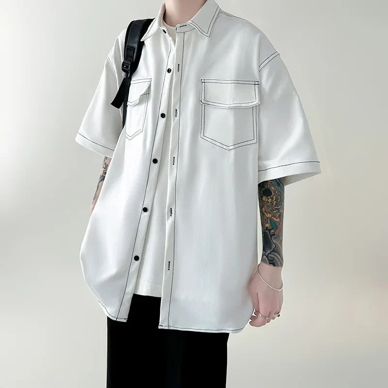 sanyamk - Summer Short Sleeve Shirt Men Fashion Retro Pocket Shirt Men Streetwear Korean Loose Casual Shirts Mens Oversized Shirt M-2XL