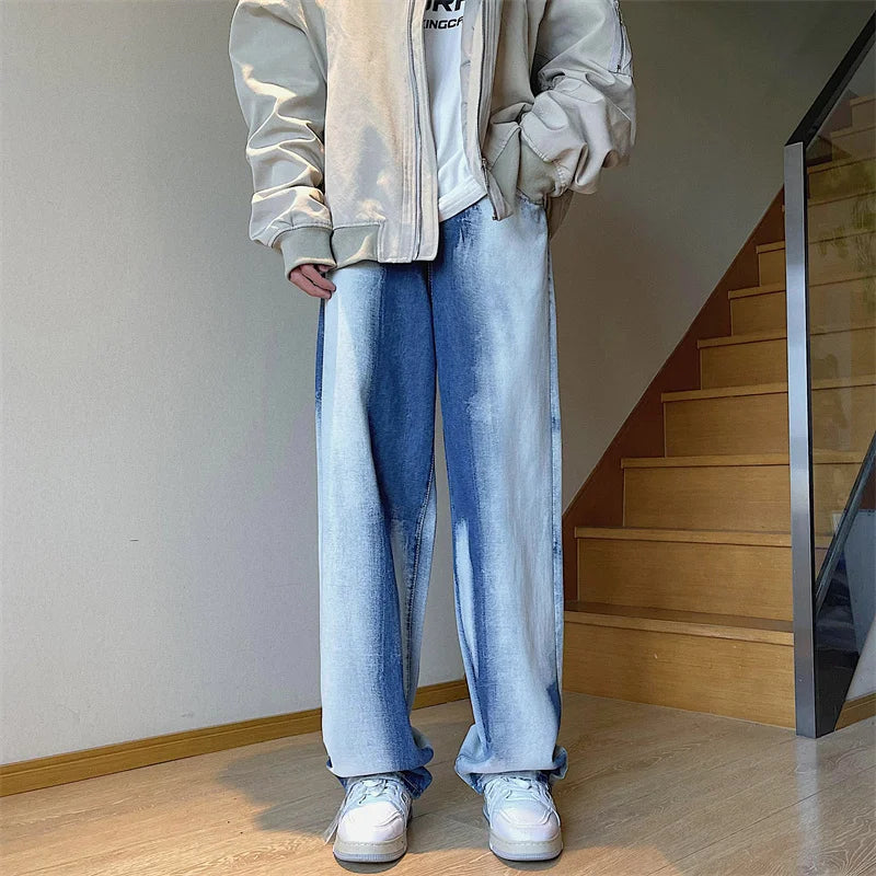 sanyamk Young Men's Tie-dye Loose Straight Jeans Street Hip-hop Baggy Wide-leg Pants Korean Style Fashion Skateboard Casual Pants