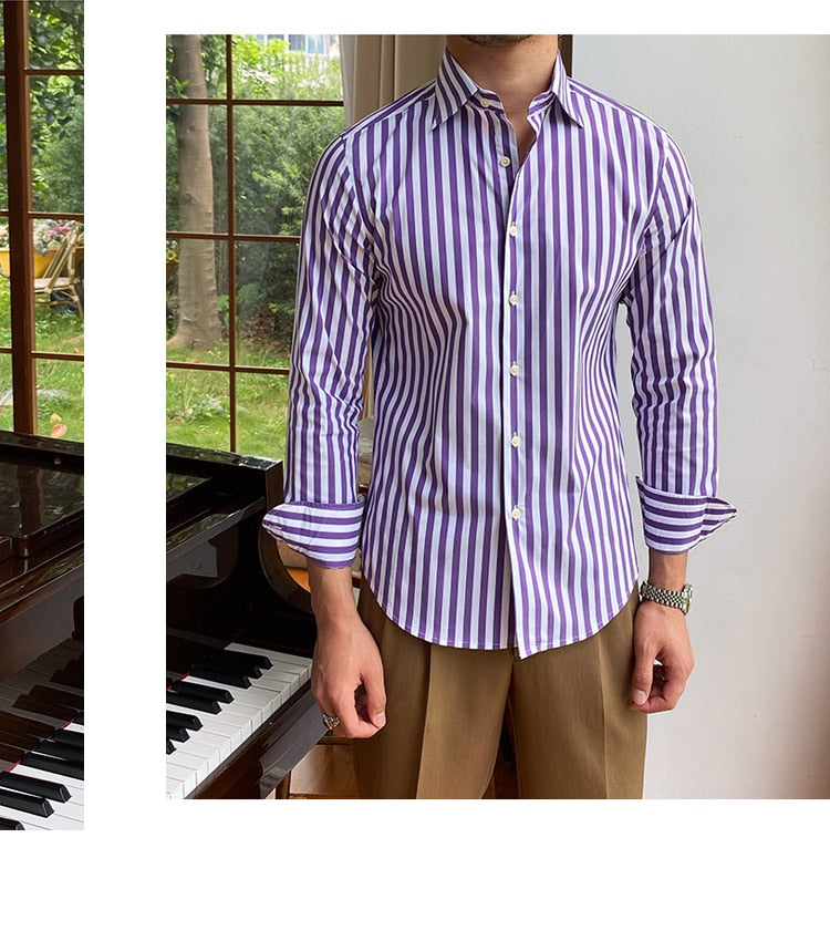 Bonsir British Casual Contrasting Colors Stripe Shirt Retro Shirt Dress Camisa Masculina Social Italian Fall Men Long Sleeve Shirt