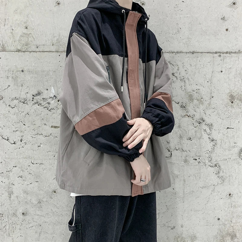 BONSIR - Korean Men Spring Autumn Bomber Jackets Mens Patchwork Casual Jacket Coat Fashion Hooded Zipper Workwear jacket Outerwear