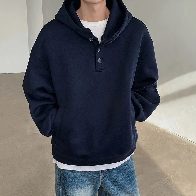 sanyamk - American Style Men's Sweatshirts Casual Button Design Hooded Solid Color Tops Loose Pullover Male Hoodies Autumn 9C8557