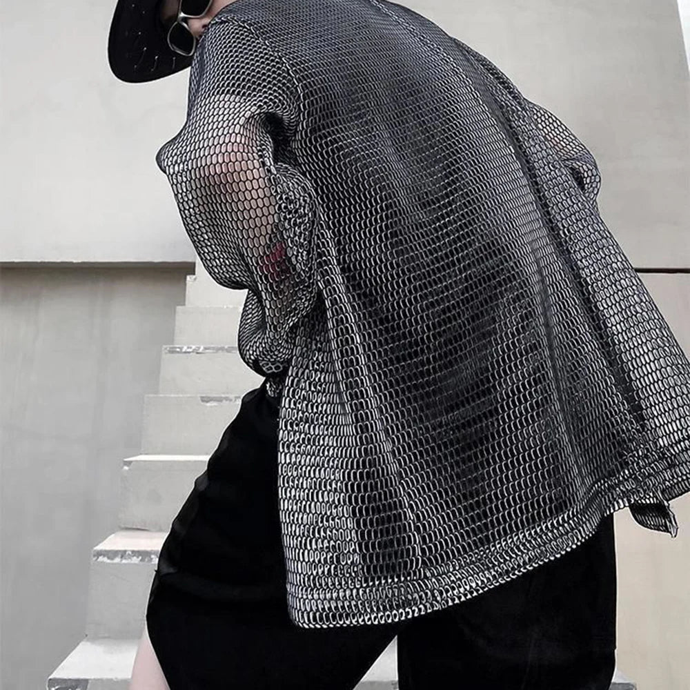sanyamk Men's Harajuku Mesh Top Shirt Men's Casual Loose Oversized All Match Blouse Harajuku Streetwear Vintage Korean Blusas Sunscreen