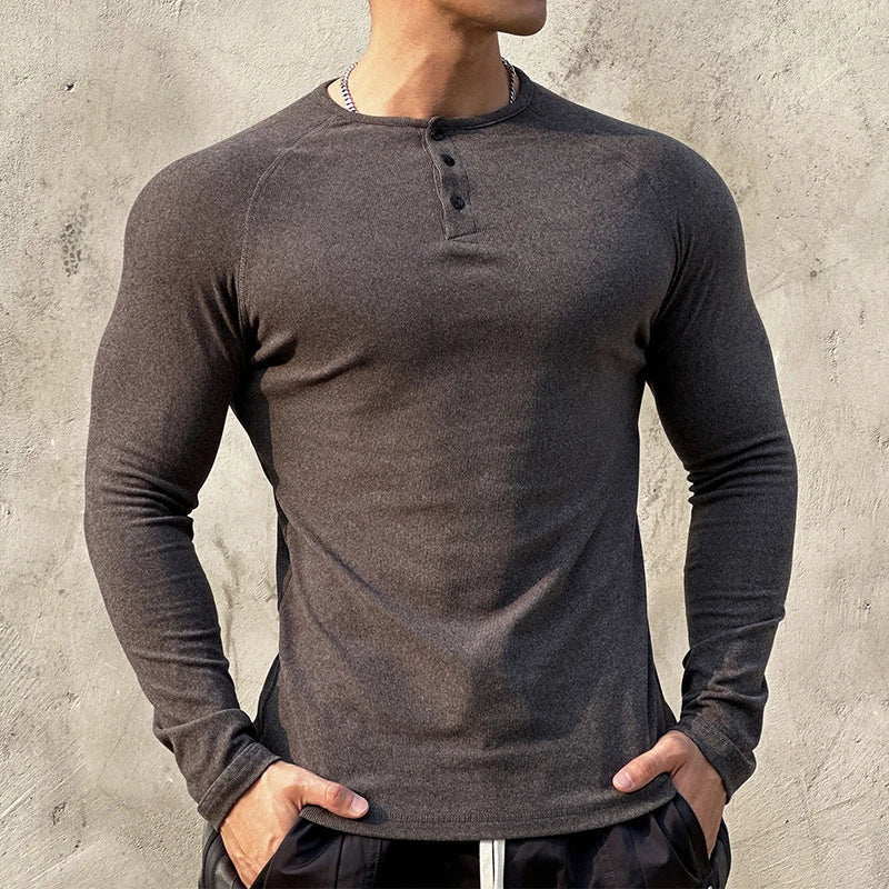 sanyamk - Casual Long Sleeve Solid T-shirt Gym Man Long Sleeve Henry Collar Shirt Muscle Men Elastic Ribbed Basic Tops Pullover Streetwear