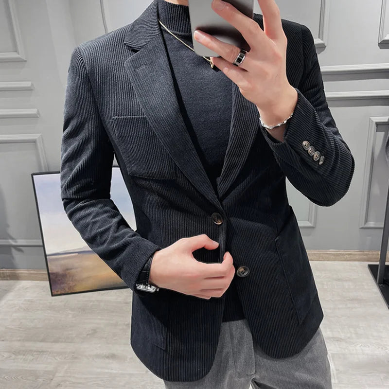 sanyamk British Style Fashion Men's Suit Jacket Slim Fit Handsome Suit Jacket Fashion Men's Business Jacket Corduroy Blazers Size S-3XL