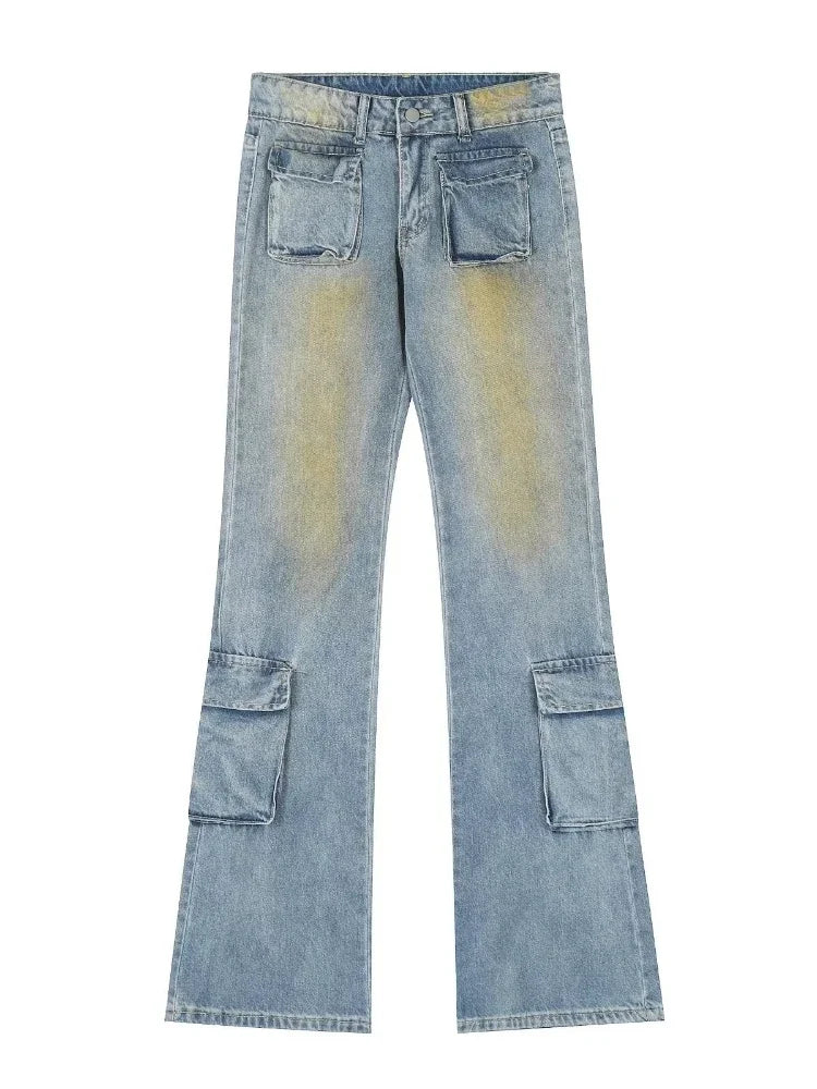 sanyamk Bootcut Jeans Men Flare Pants Hip Hop Distressed Denim Cargo Trousers Male Low Waist Casual Japanese Streetwear Pocket