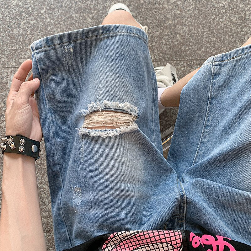 sanyamk American Washed Vintage Jean Short Man Loose Hollow Hole Distressed Denim Short Pants Men Summer Streetwear Y2k Shorts