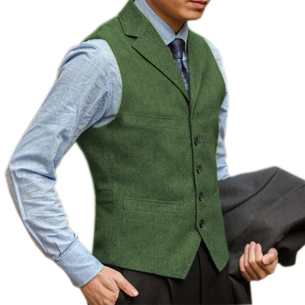 sanyamk Men Vest British Herringbone Tweed Suit Vest Business Formal Dress Waistcoat Notch Lapel Sleeveless Casual Suit Vests