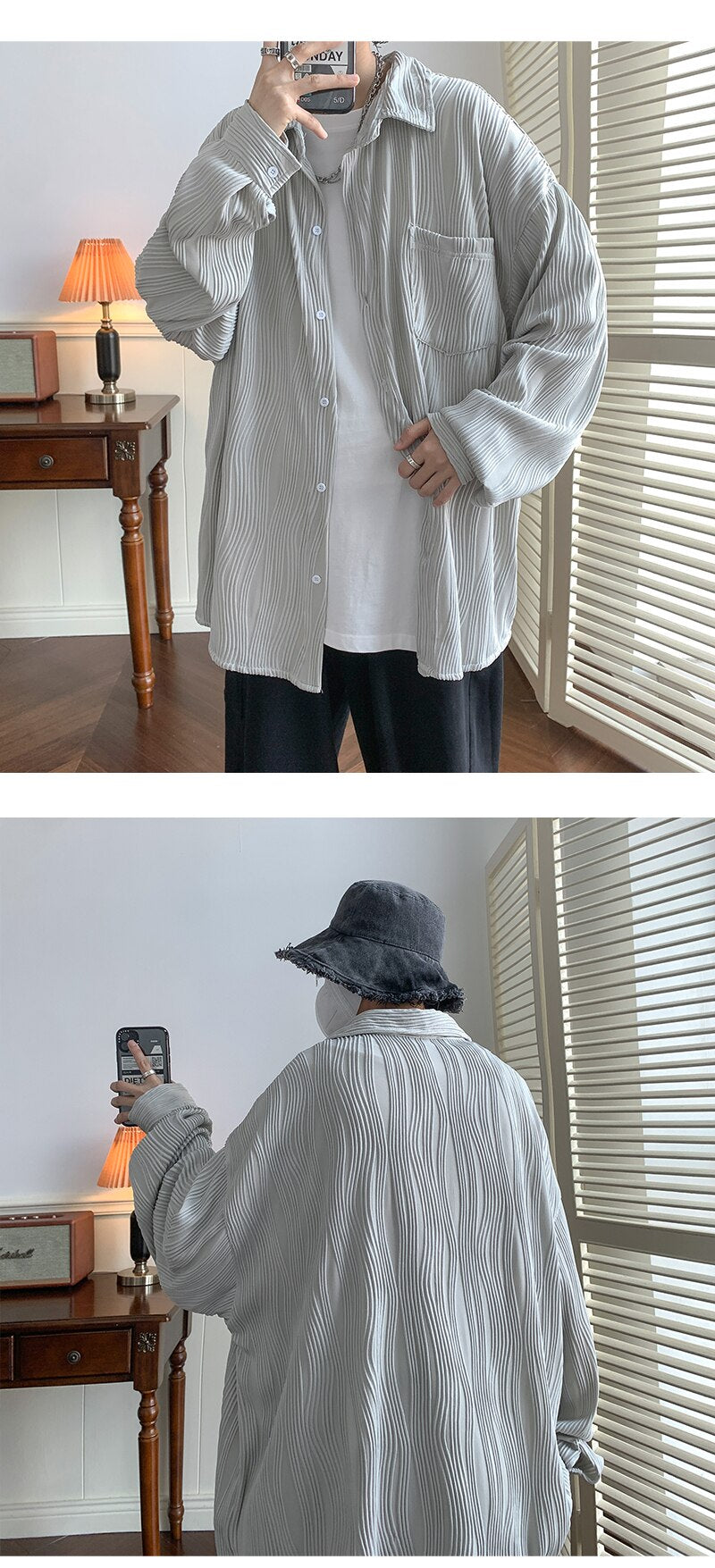 Bonsir Autumn Pleated Shirt Men Fashion 4-color Casual Ice Silk Shirt Mens Japanese Loose Long-sleeved Shirt Mens Large Size M-5XL