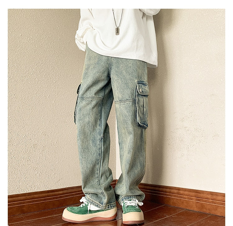sanyamk 4 Colors Baggy Cargo Jeans Men Fashion Casual Pocket Jeans Men Streetwear Hip Hop Loose Straight Denim Pants Mens Trousers M-2XL