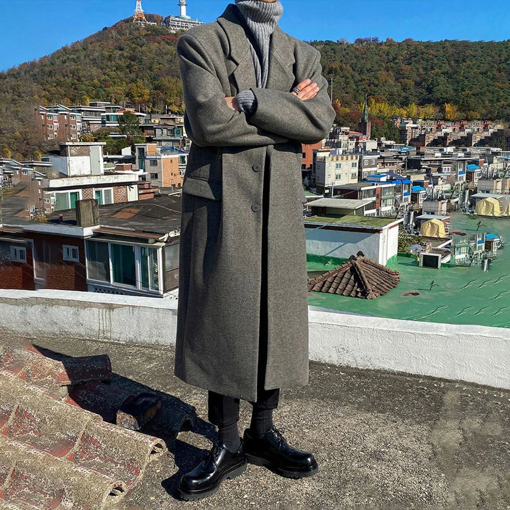 sanyamk Woolen Coat Men's Autumn Winter New Korean Style Trendy Loose Mid-Length Elegant Retro Simple Comfort Solid Woolen Coat Jacket