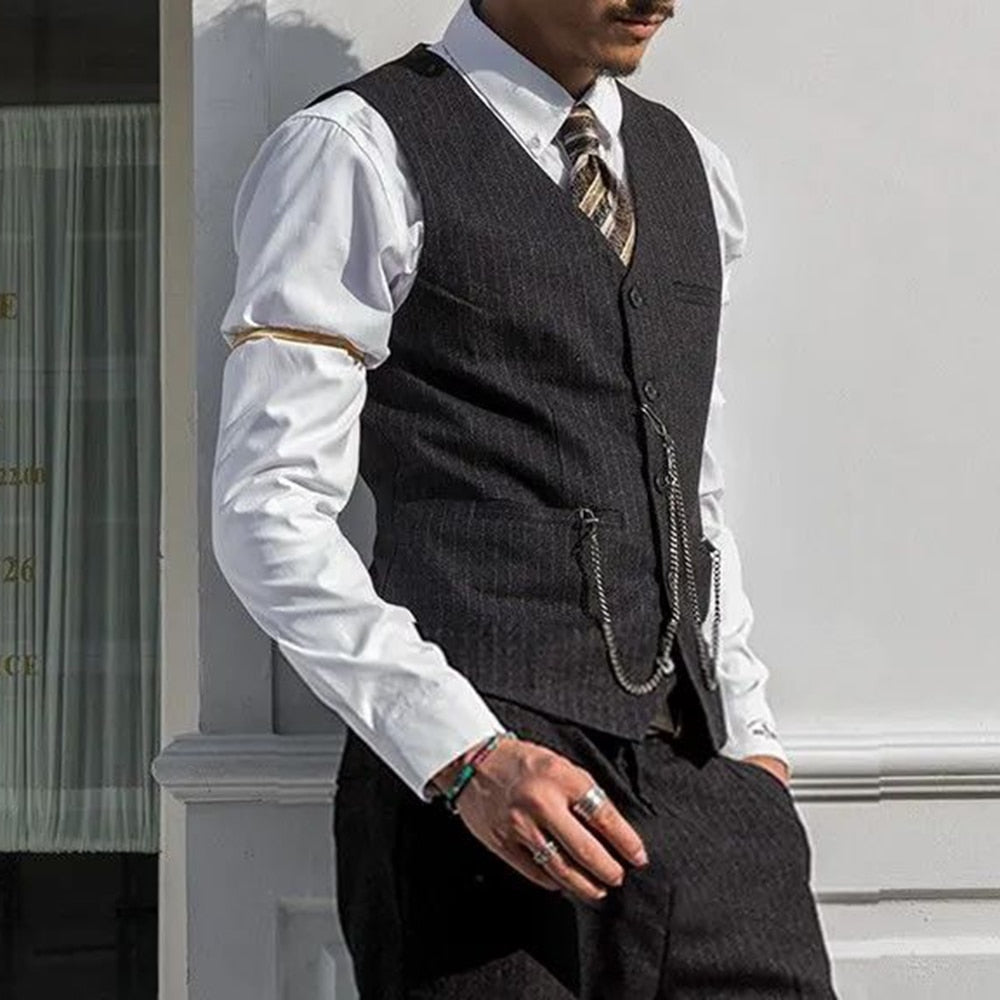 sanyamk British Style Retro Suit Vest Male Vertical Stripes Business Elegant Professional Formal Dress Body Fashion V-neck Suit Vest