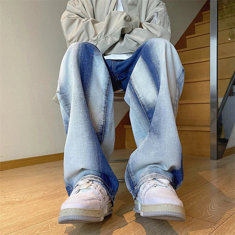 sanyamk Young Men's Tie-dye Loose Straight Jeans Street Hip-hop Baggy Wide-leg Pants Korean Style Fashion Skateboard Casual Pants