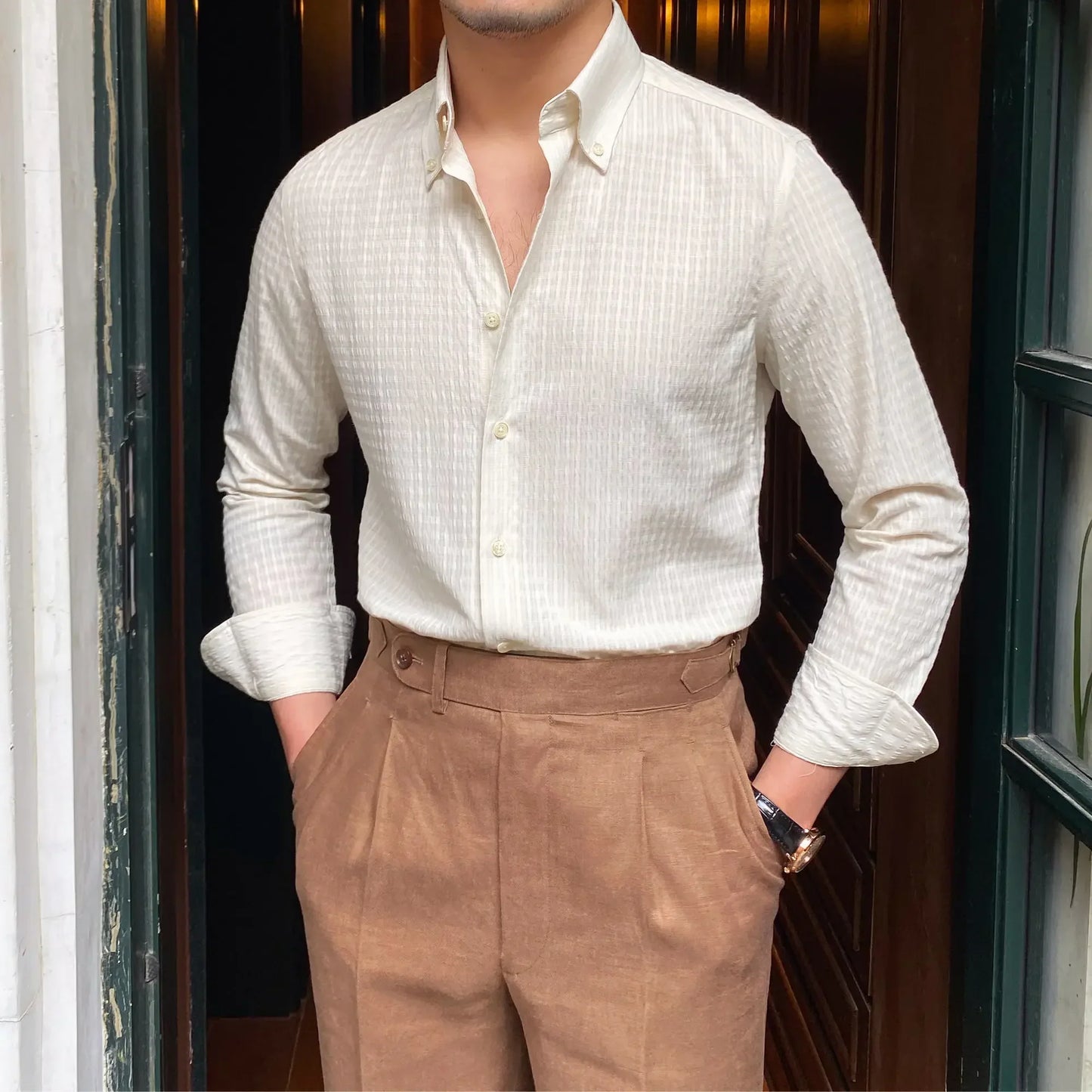 sanyamk - Men Gentlemen Seersucker Casual Long-sleeved Shirt Retro Breathable Anti Wrinkle Shirt Italian Slimming Trend Camiseta Masculina